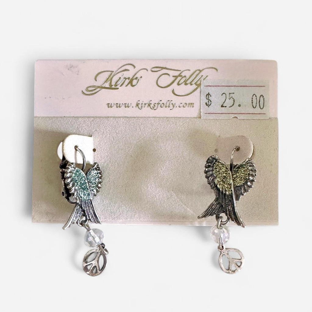 Kirks Folly Silver Angel Wing Dangle Earrings With Green Accents